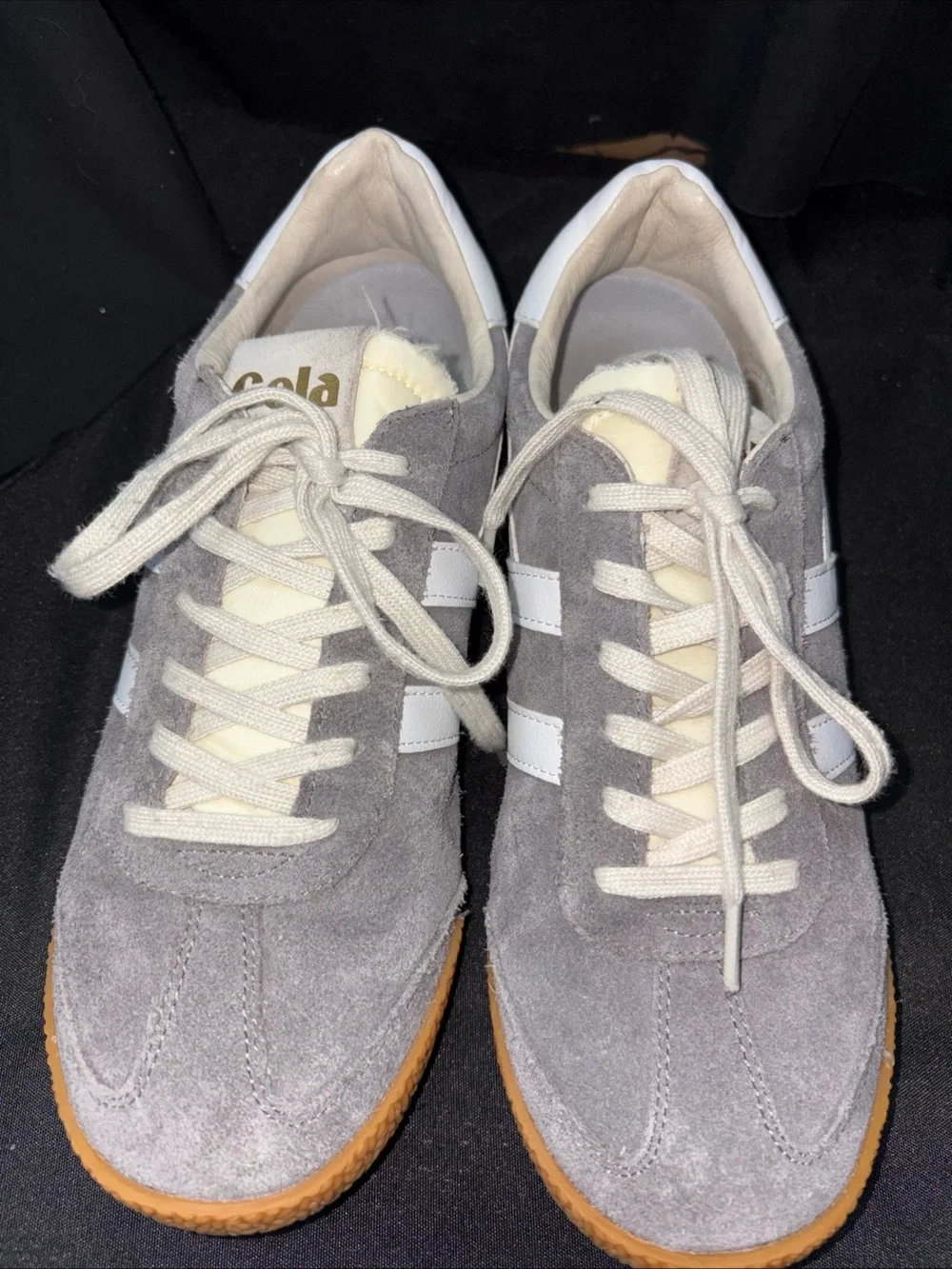 Gola women’s size 9 Gray Suede Sneakers with White Stripes and Gum Sole